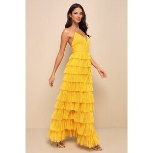 Lulus Radiant Event Yellow Mesh Tiered Ruffled Backless Maxi Dress - Size L